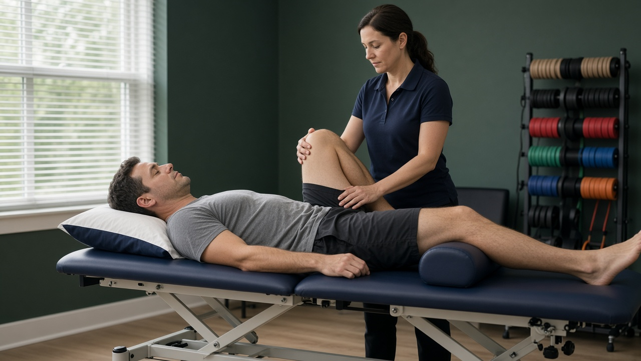Therapist supporting a patient's knee on a treatment table