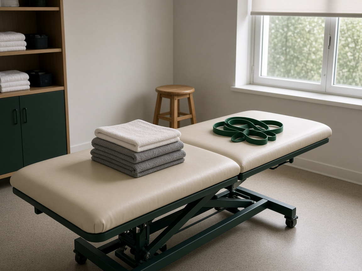Empty treatment table with folded towels and green bands